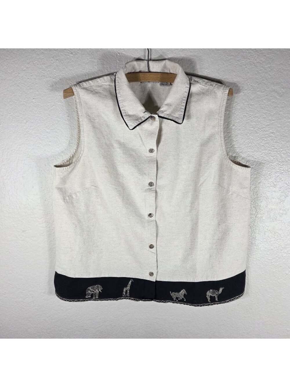 VTG 90’s Cabincreek Cream Denim Vest Linen L Button Front Safari Embroidered